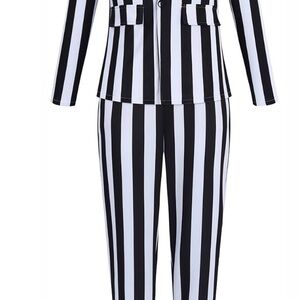 Black and White Striped Pantsuit with Bold Vertical Stripes